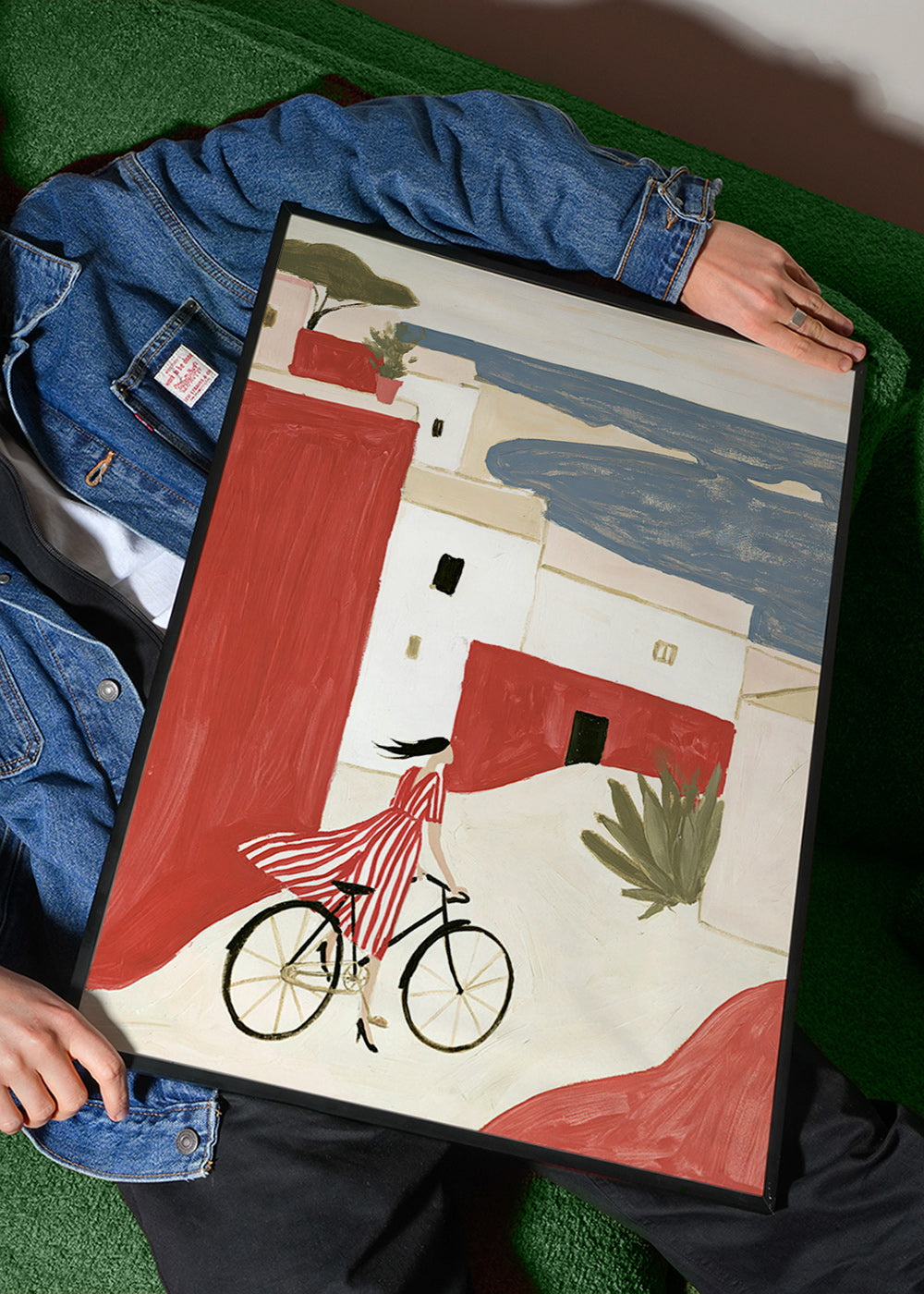 Ilustración con bicicleta en pueblo costero – Product3