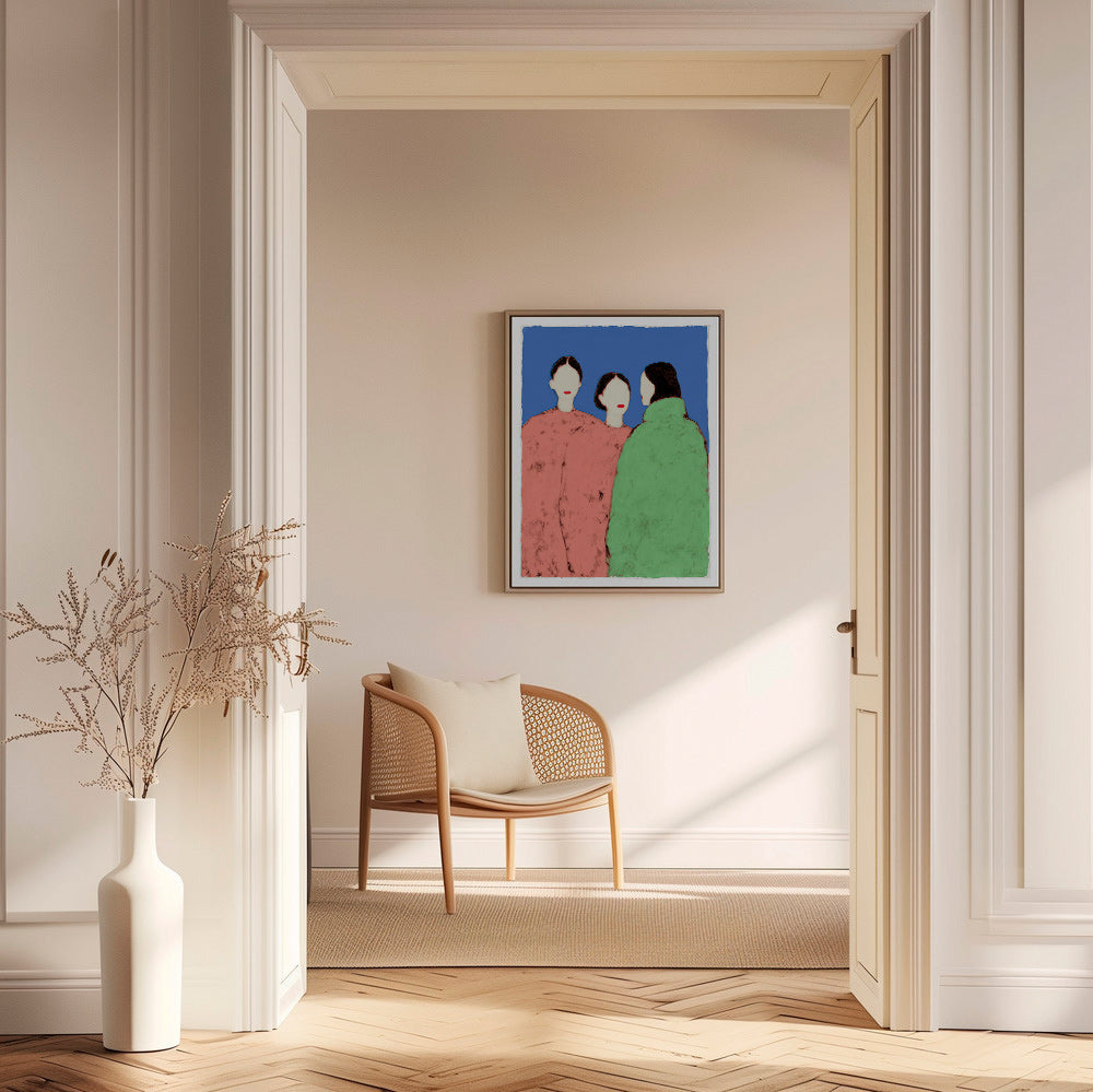 Ilustración de tres figuras estilizadas sobre fondo azul – Canvas1