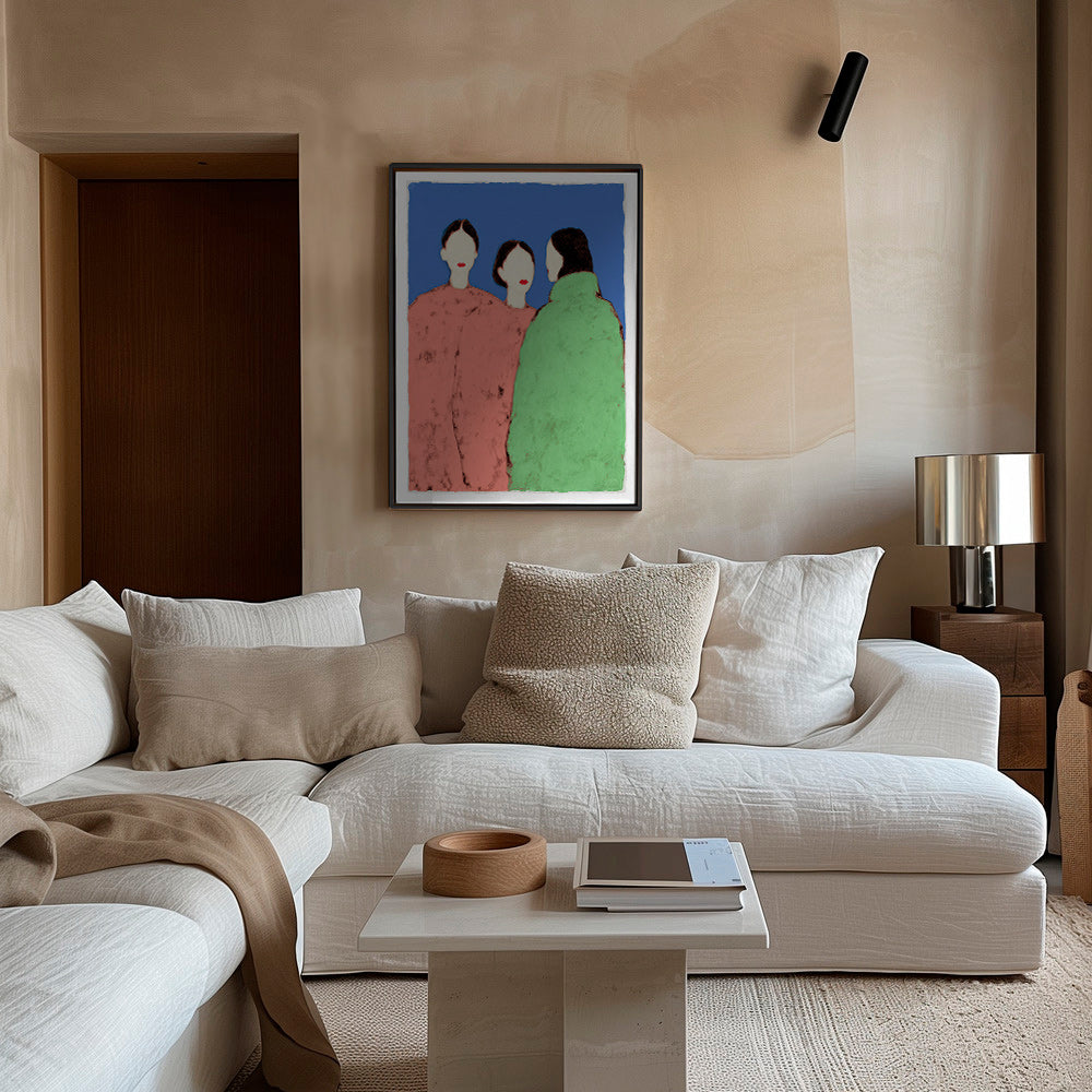 Ilustración de tres figuras estilizadas sobre fondo azul – Canvas2