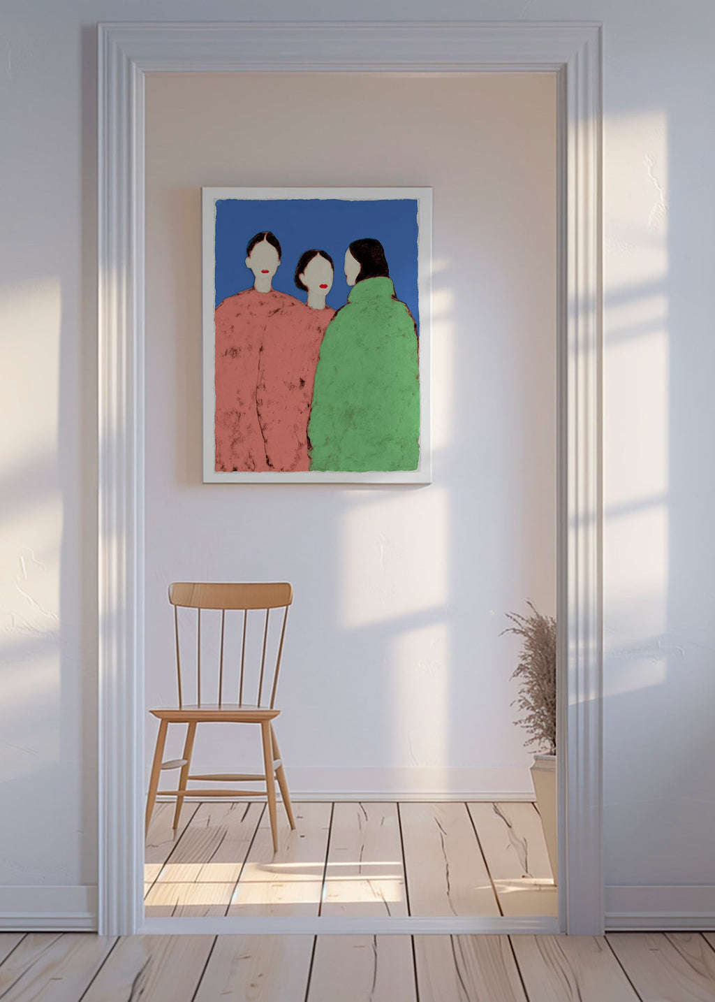 Ilustración de tres figuras estilizadas sobre fondo azul – Canvas