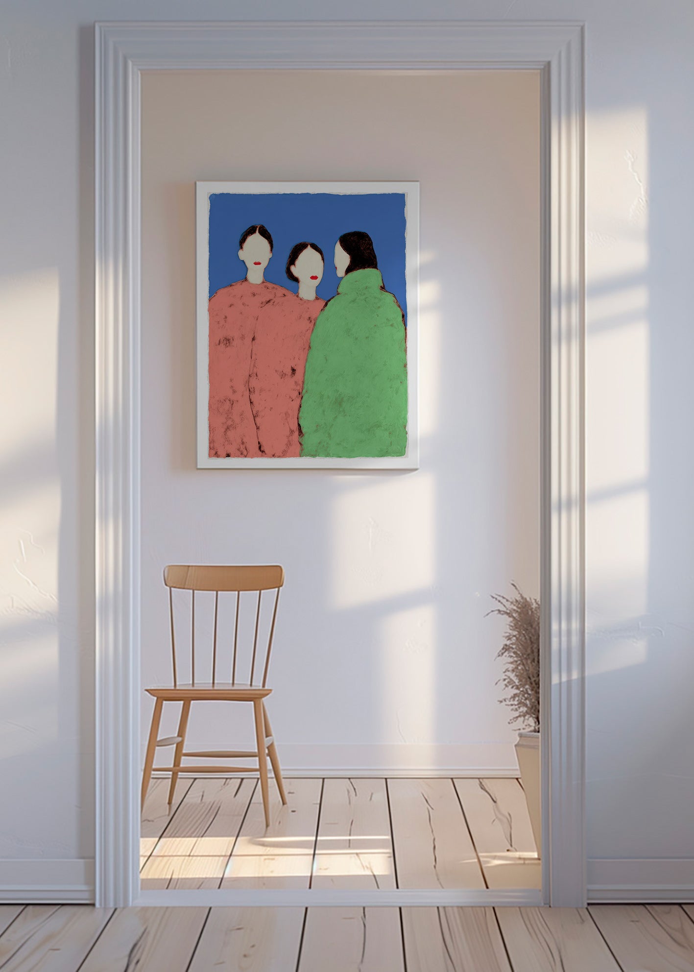 Ilustración de tres figuras estilizadas sobre fondo azul – Canvas