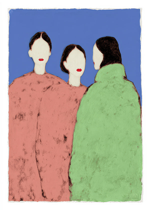 Ilustración de tres figuras estilizadas sobre fondo azul