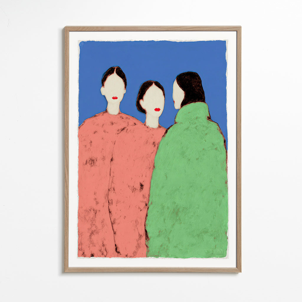 Ilustración de tres figuras estilizadas sobre fondo azul – Oak Frame