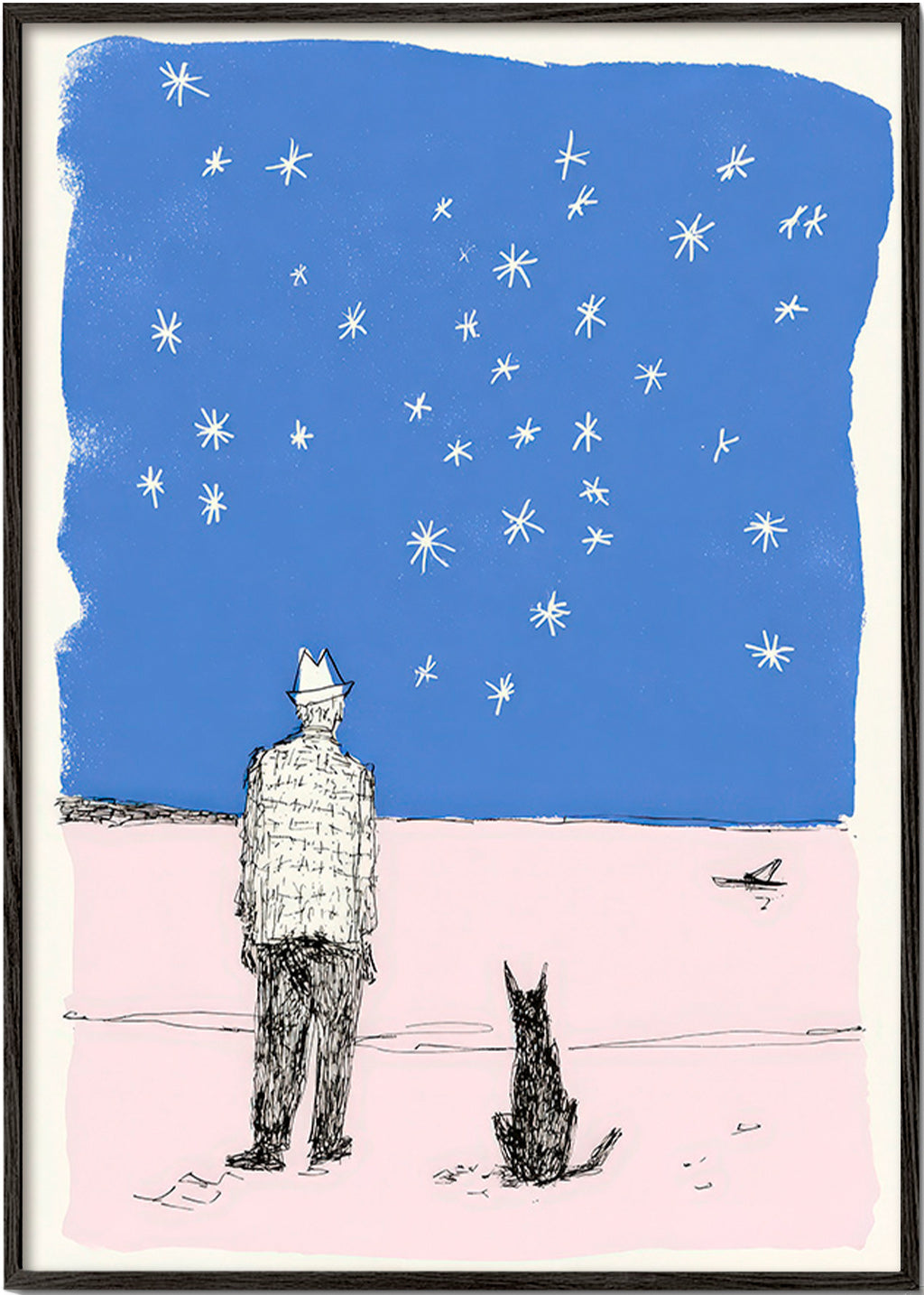 Ilustración: hombre y perro bajo estrellas – Black Frame