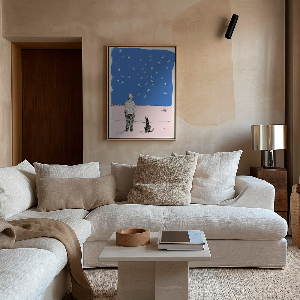 Ilustración: hombre y perro bajo estrellas – Canvas2