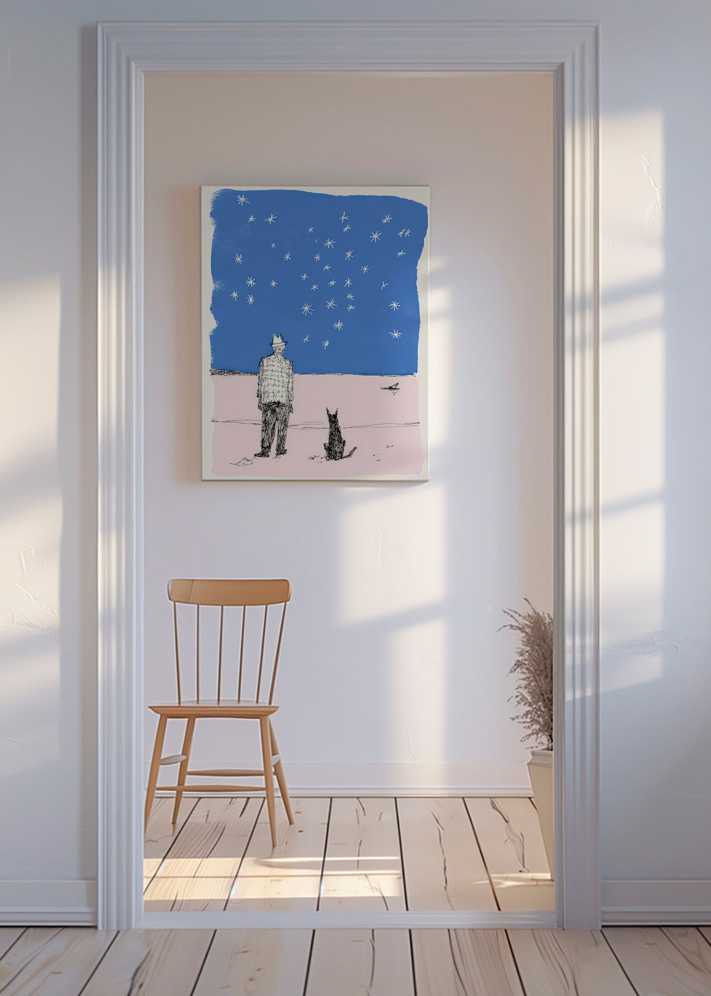 Ilustración: hombre y perro bajo estrellas – Canvas