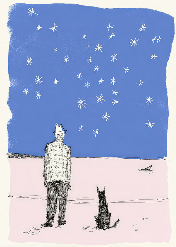 Ilustración: hombre y perro bajo estrellas