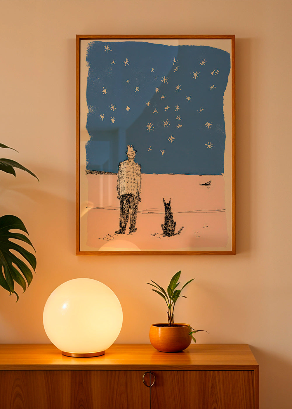 Ilustración: hombre y perro bajo estrellas – Product1