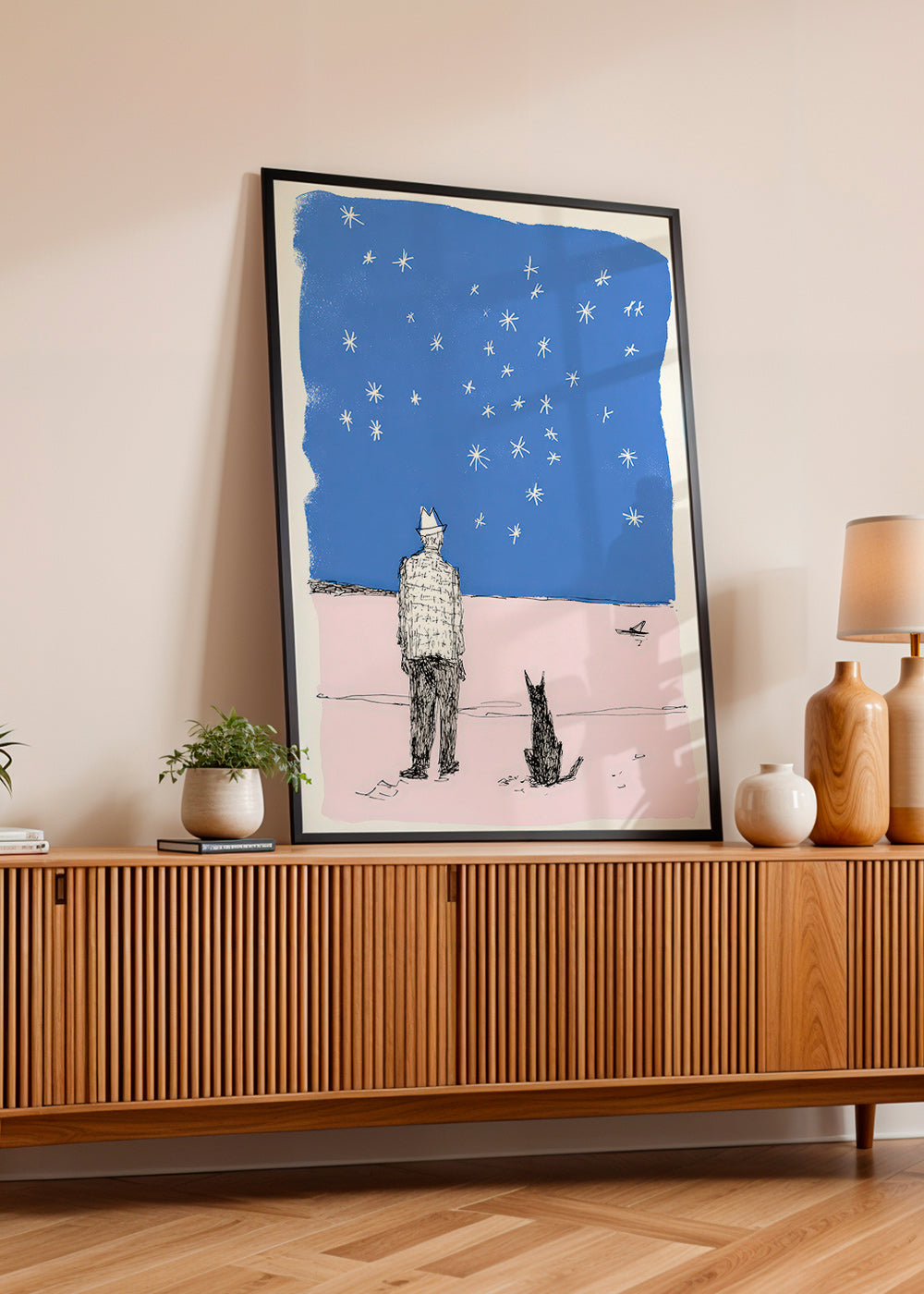 Ilustración: hombre y perro bajo estrellas – Product2