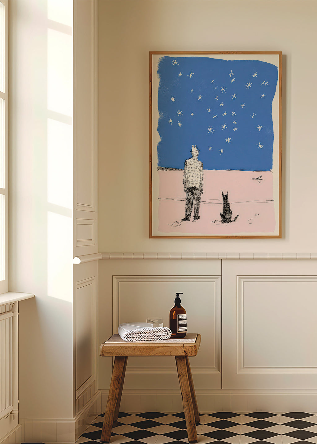 Ilustración: hombre y perro bajo estrellas – Product3