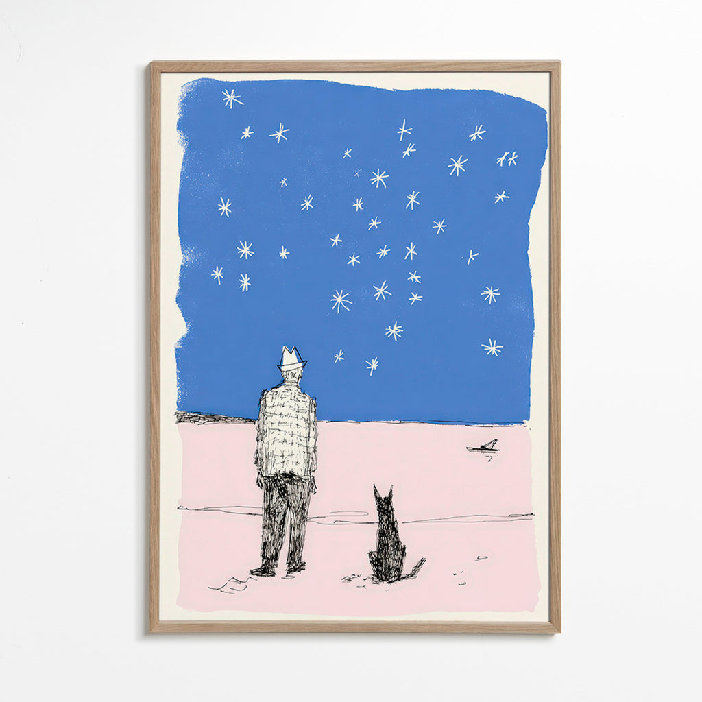 Ilustración: hombre y perro bajo estrellas – Oak Frame