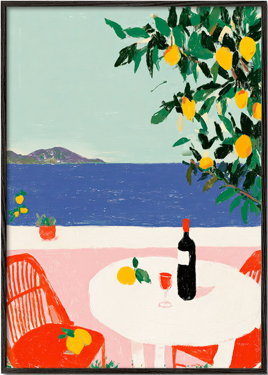 Cuadro de cocina con mesa mediterránea y limones – Black Frame