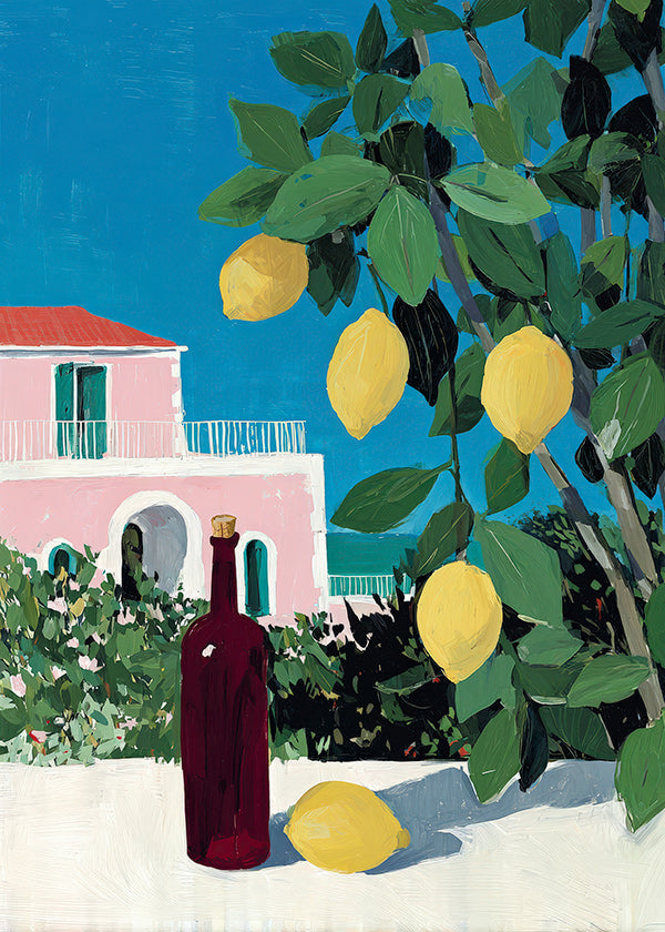Cuadro de cocina con limones y botella