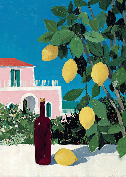 Cuadro de cocina con limones y botella