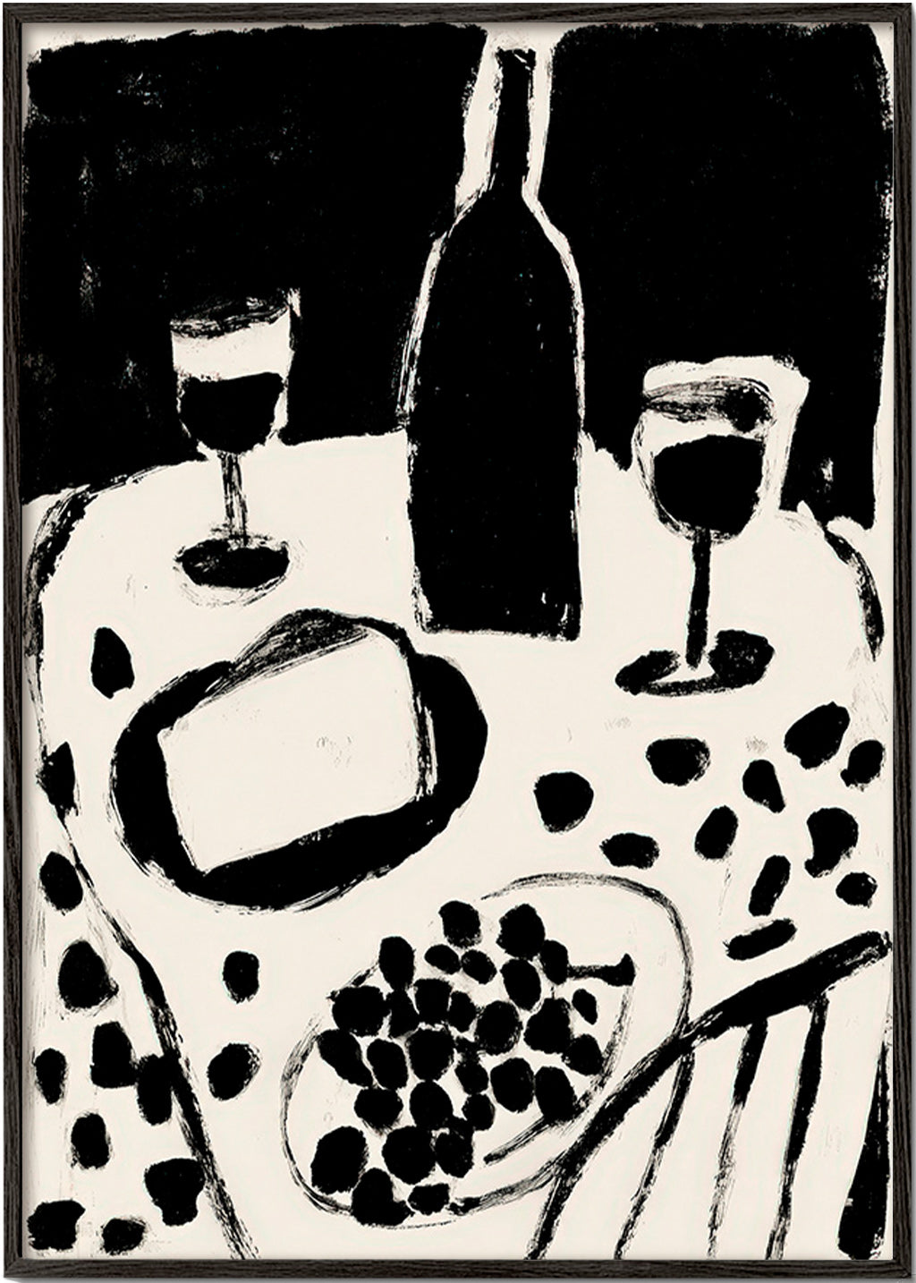 Cuadro de cocina con botella y uvas en monocromo – Black Frame
