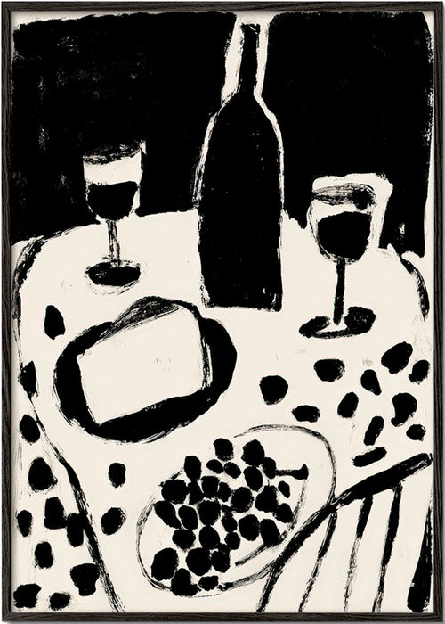Cuadro de cocina con botella y uvas en monocromo – Black Frame
