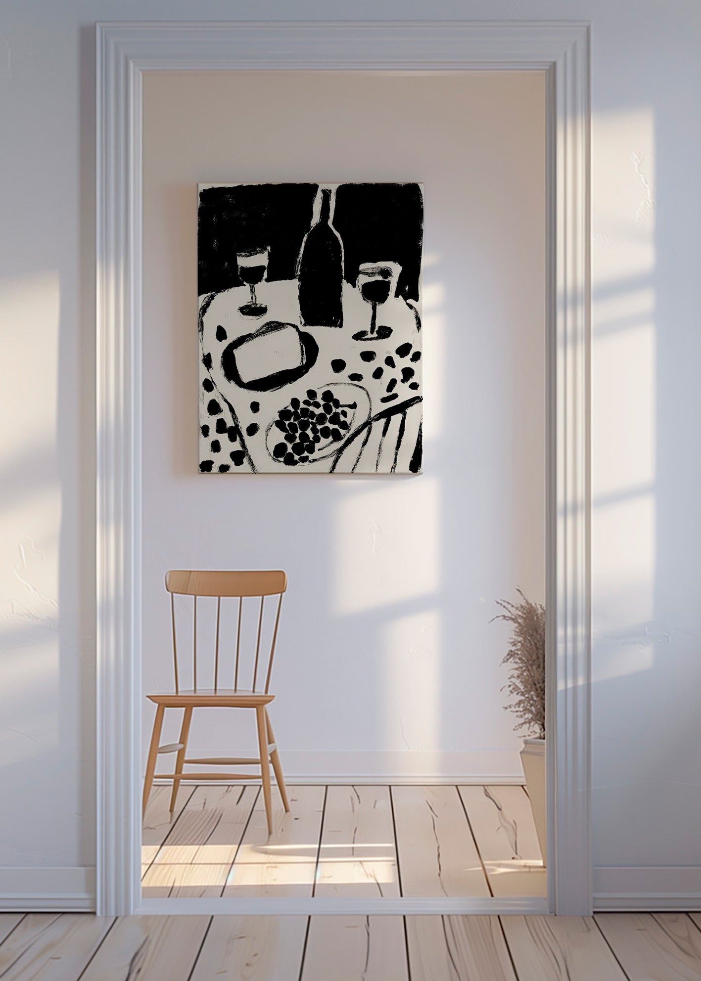 Cuadro de cocina con botella y uvas en monocromo – Canvas