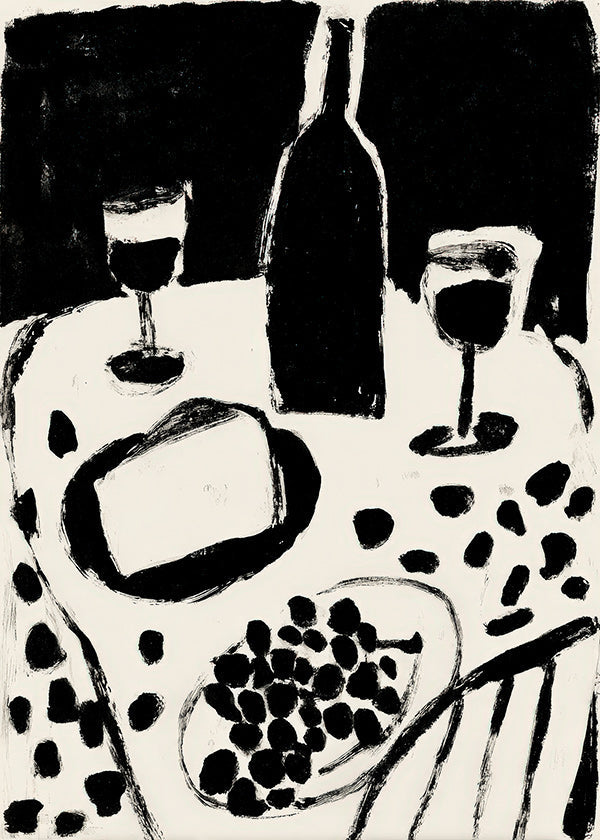 Cuadro de cocina con botella y uvas en monocromo