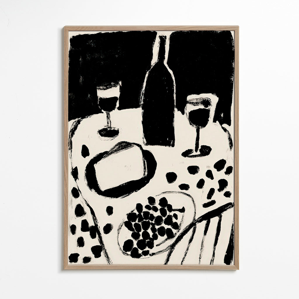 Cuadro de cocina con botella y uvas en monocromo – Oak Frame