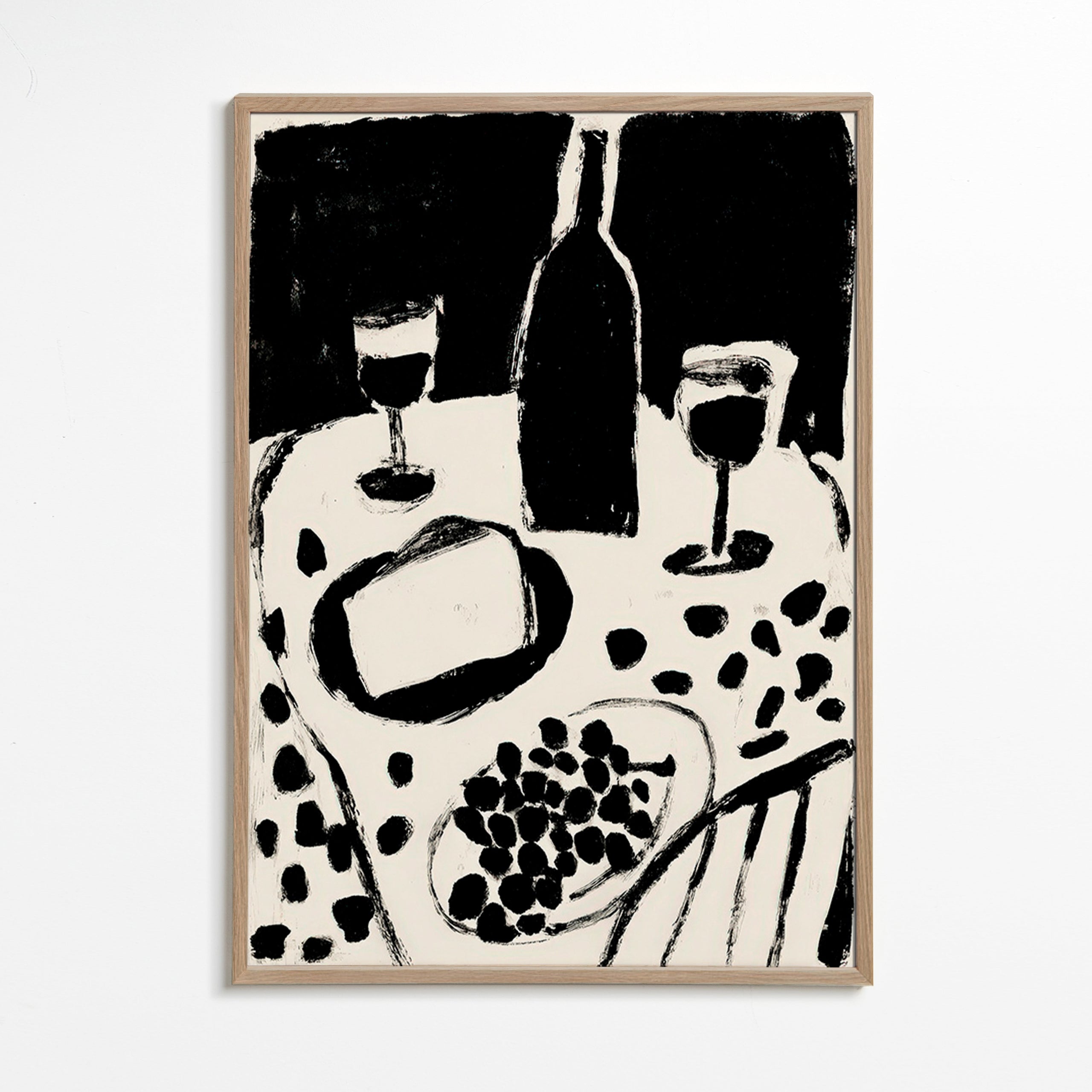 Cuadro de cocina con botella y uvas en monocromo – Oak Frame