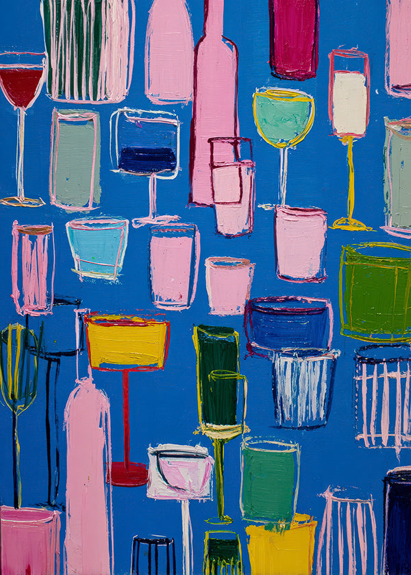 Cuadro de cocina: cócteles pictóricos sobre fondo azul