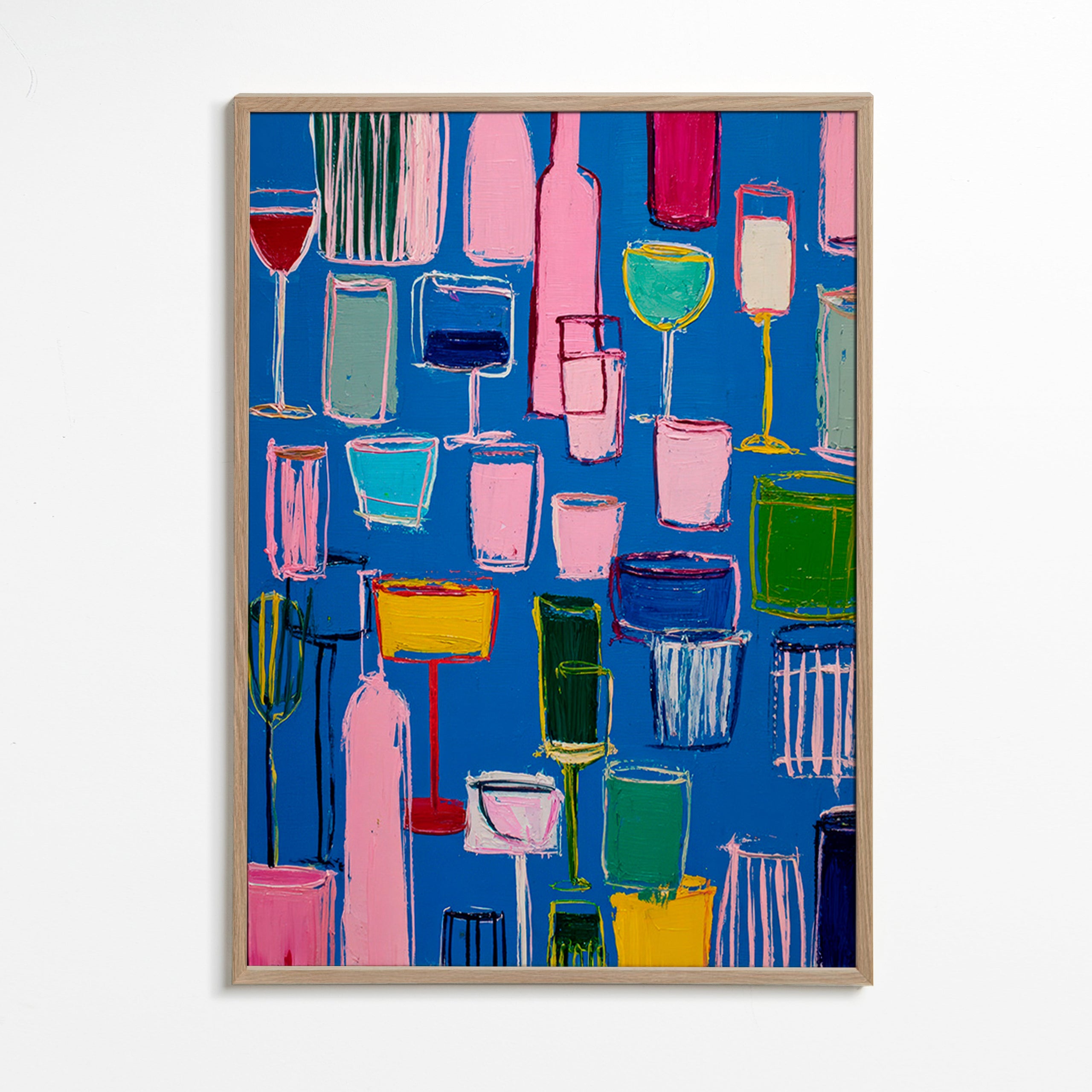 Cuadro de cocina: cócteles pictóricos sobre fondo azul – Oak Frame