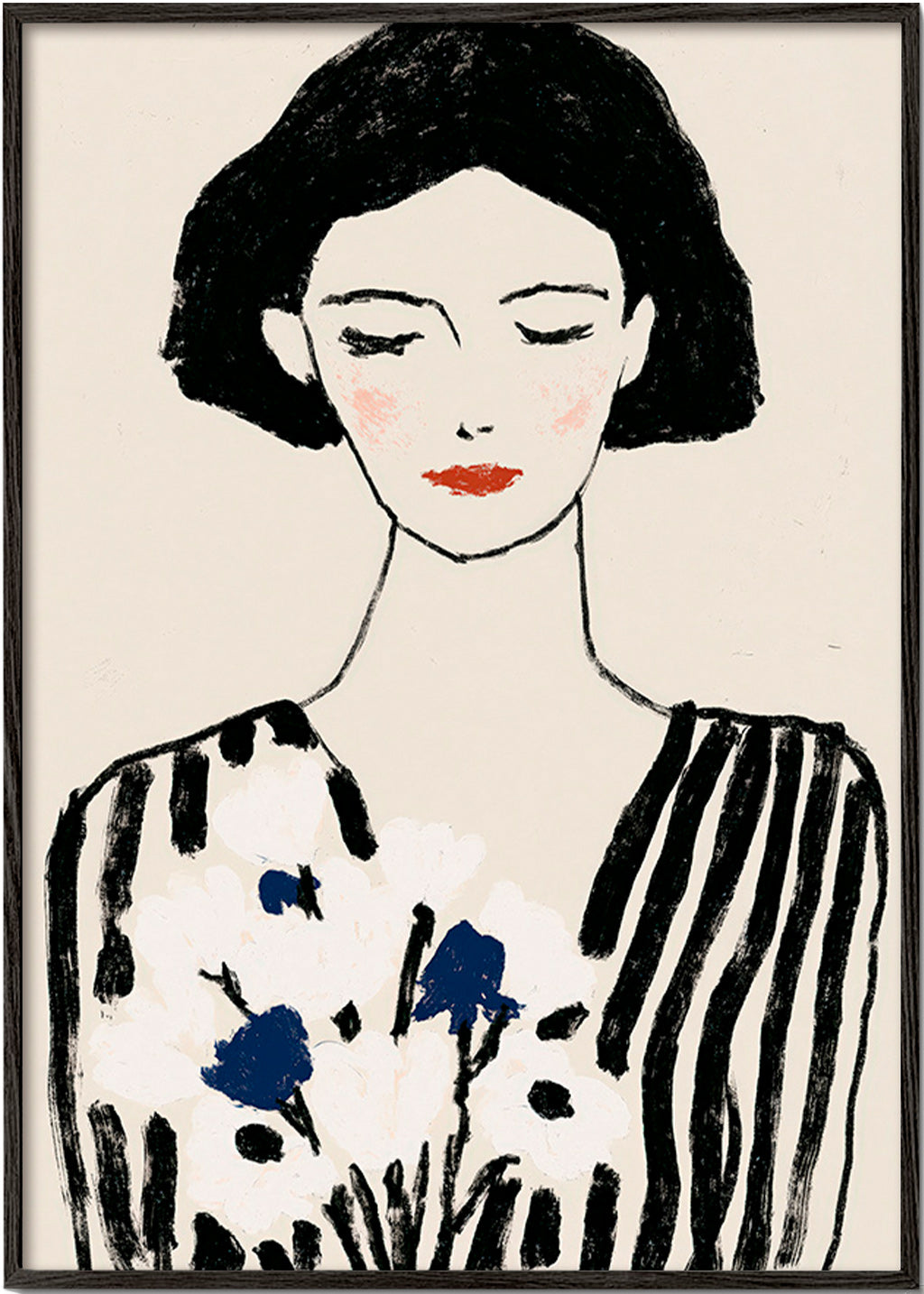 Ilustración: retrato femenino con flores y líneas – Black Frame