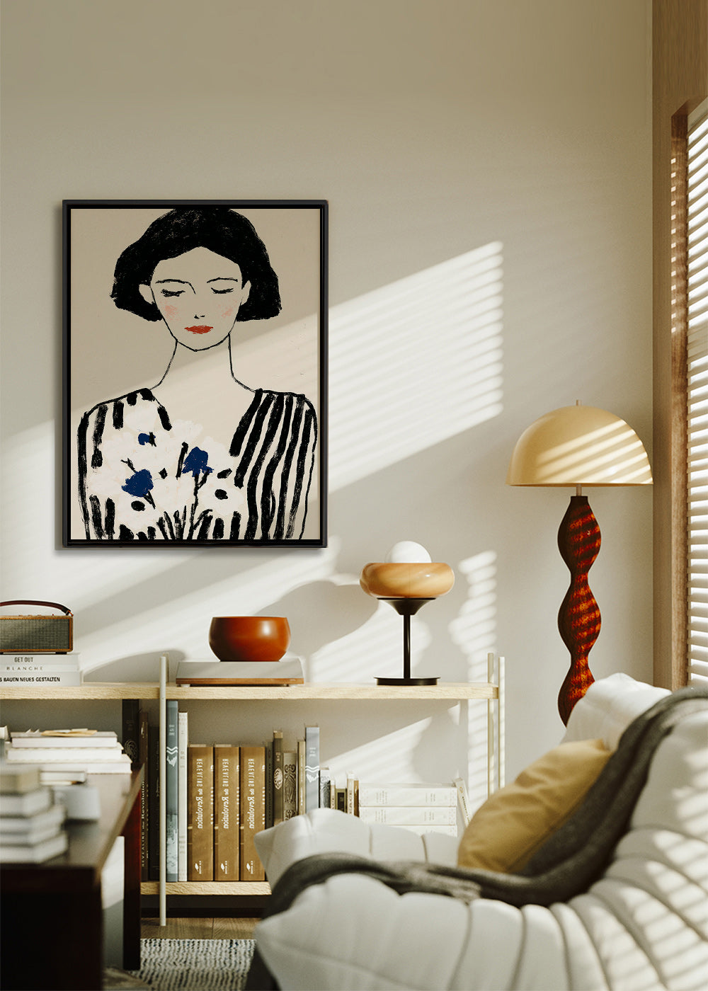 Ilustración: retrato femenino con flores y líneas – Canvas2