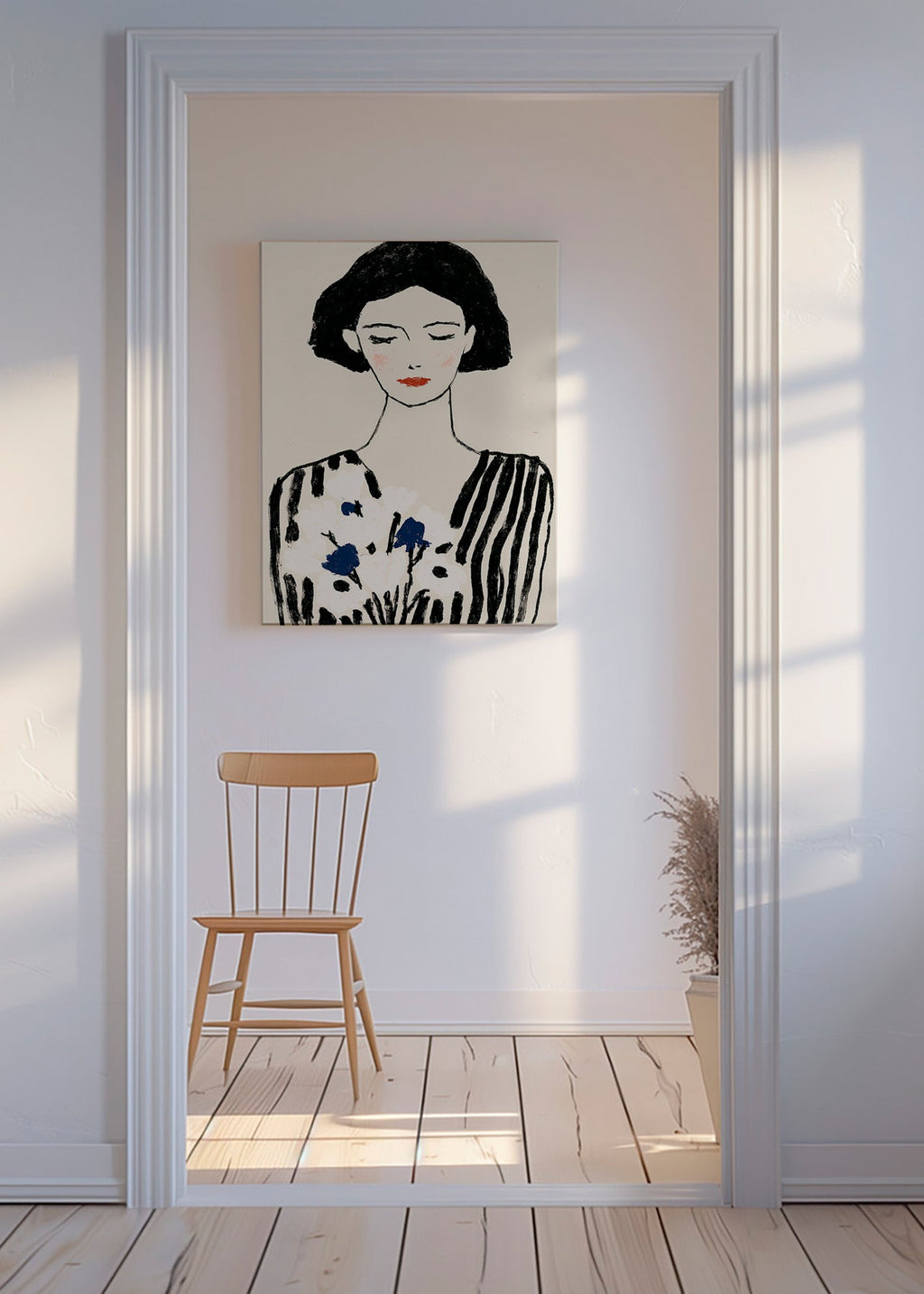 Ilustración: retrato femenino con flores y líneas – Canvas