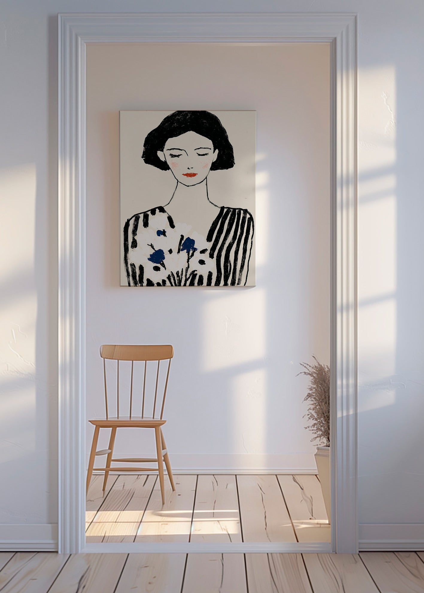 Ilustración: retrato femenino con flores y líneas – Canvas