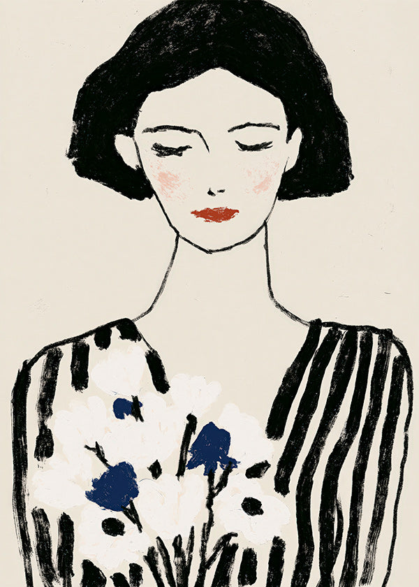 Ilustración: retrato femenino con flores y líneas