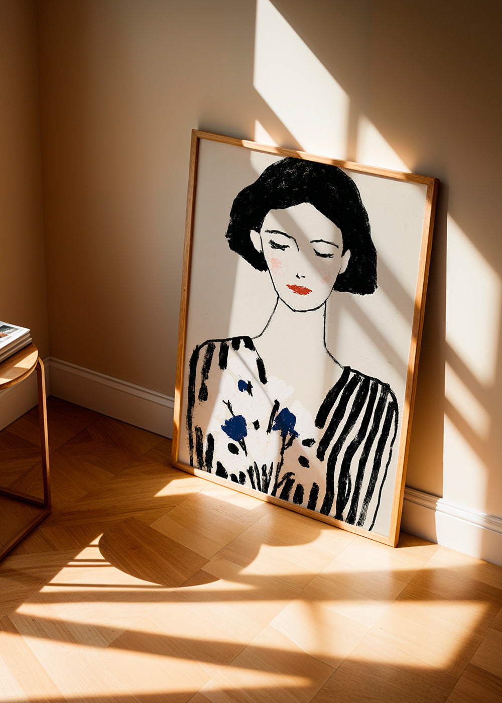 Ilustración: retrato femenino con flores y líneas – Product3