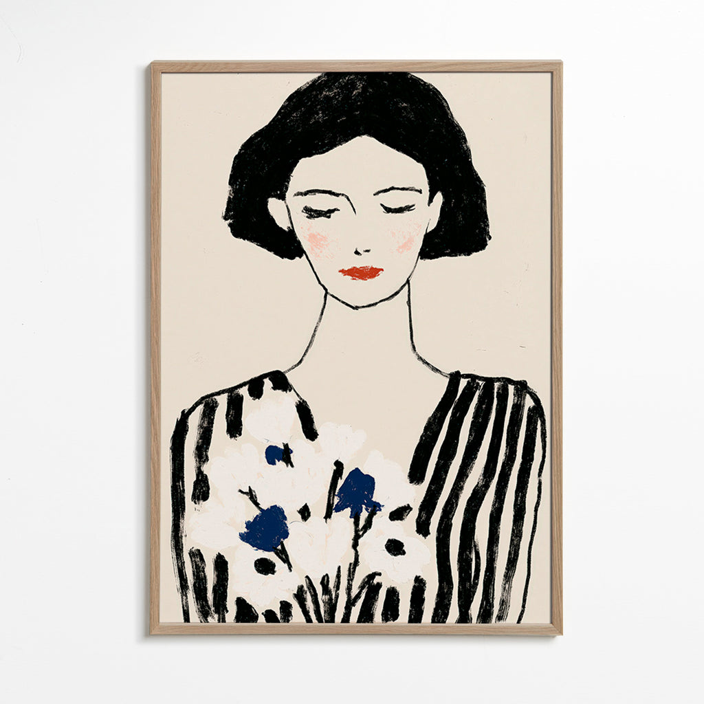 Ilustración: retrato femenino con flores y líneas – Oak Frame