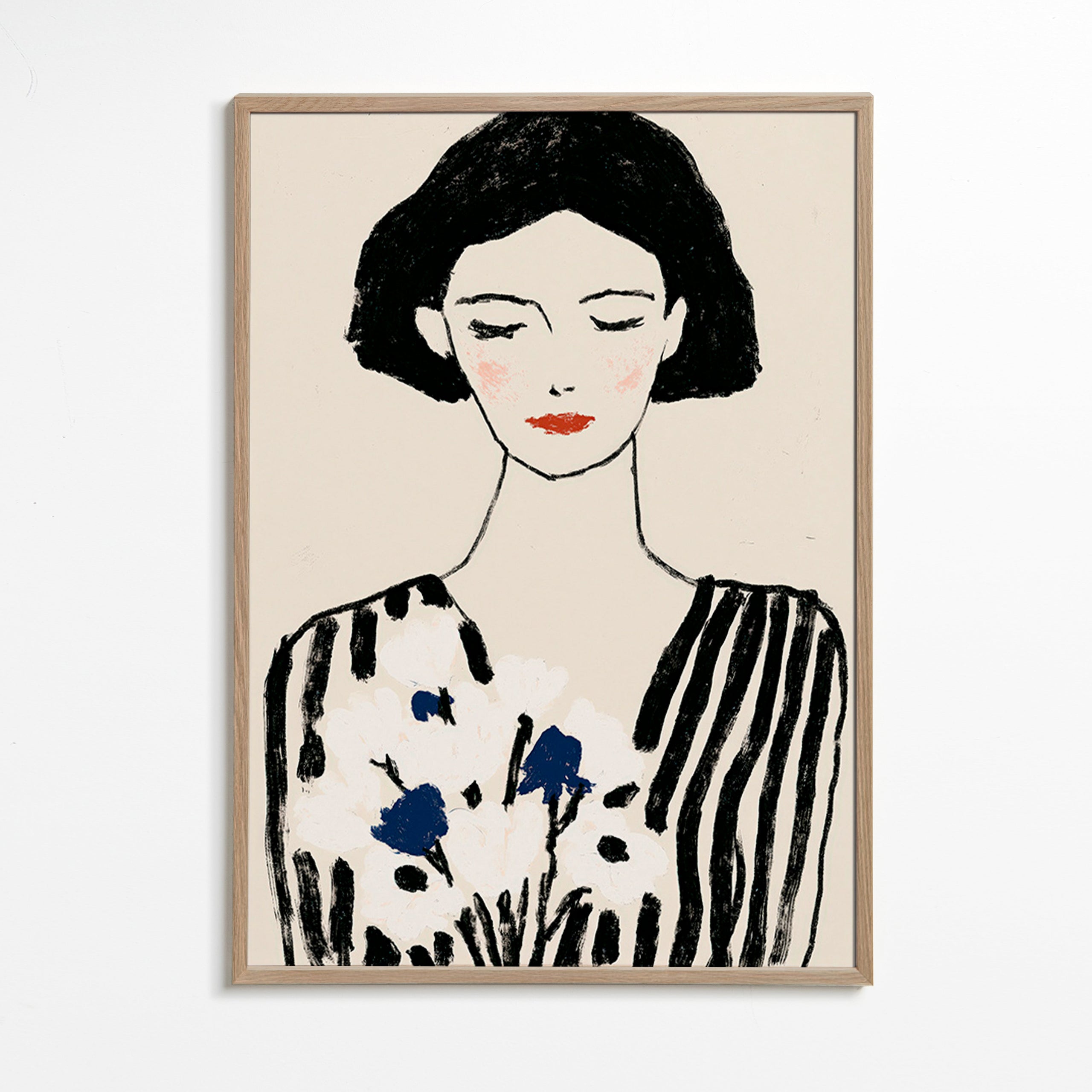 Ilustración: retrato femenino con flores y líneas – Oak Frame