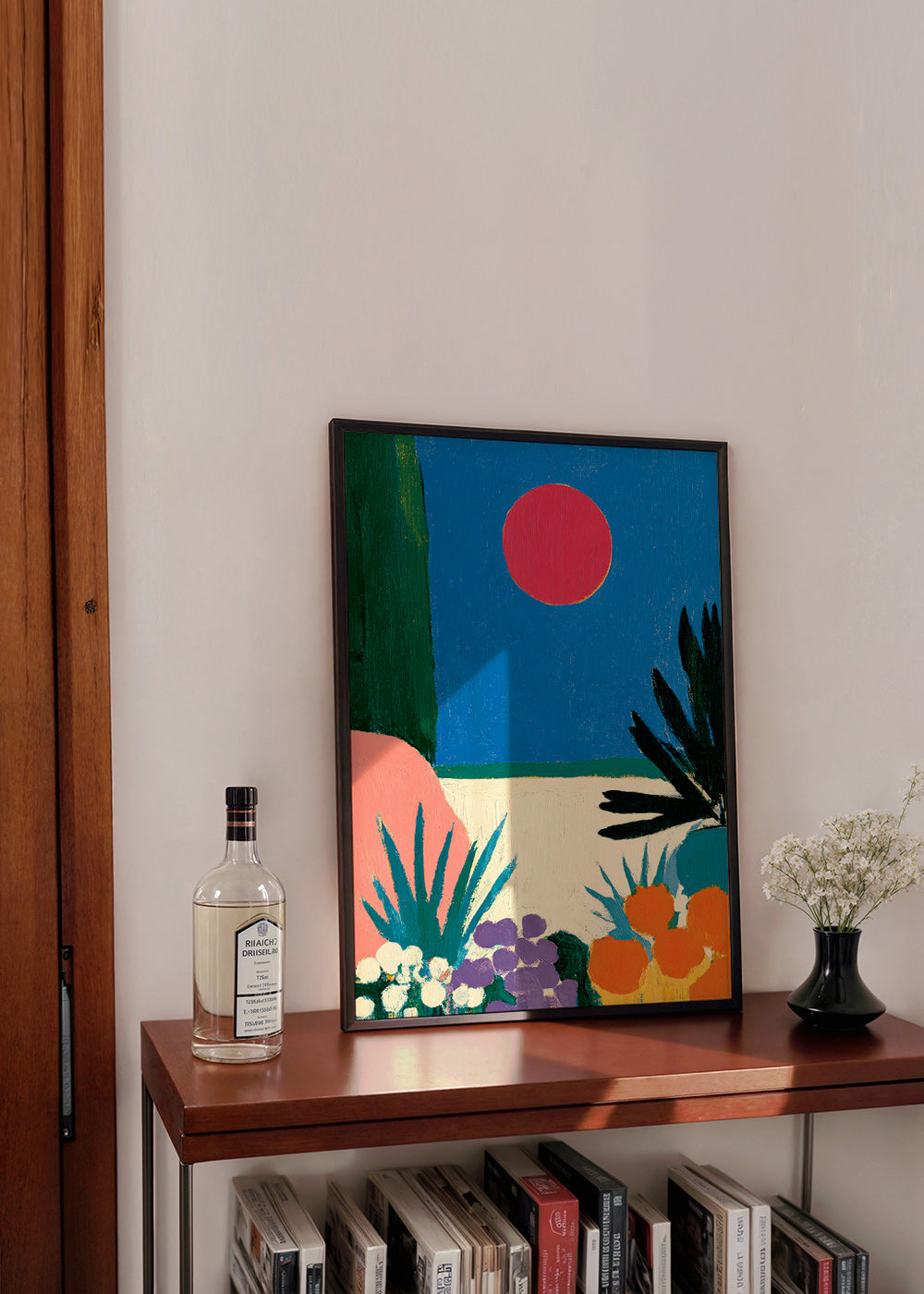 Lámina botánica con luna roja y jardín estilizado – Product1