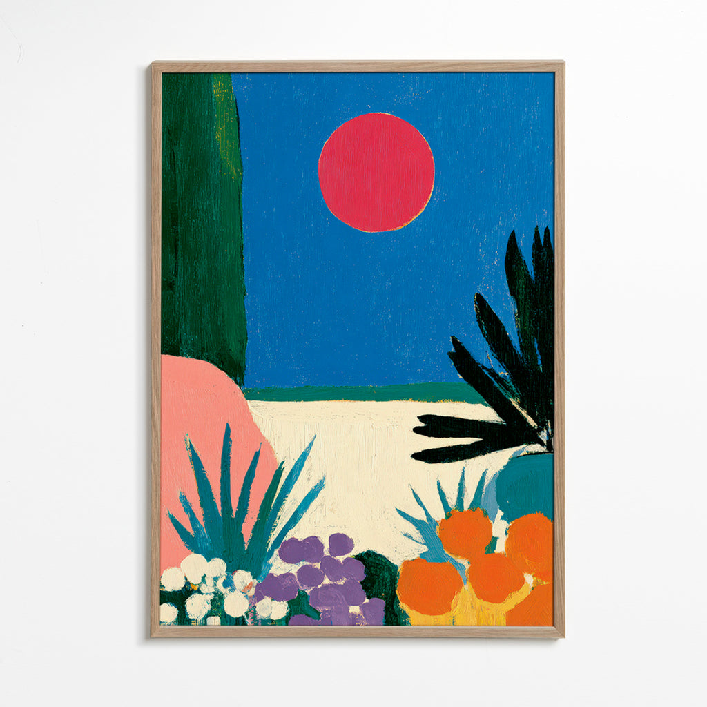 Lámina botánica con luna roja y jardín estilizado – Oak Frame