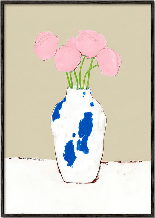 Lámina botánica con peonías en jarrón azul – Black Frame