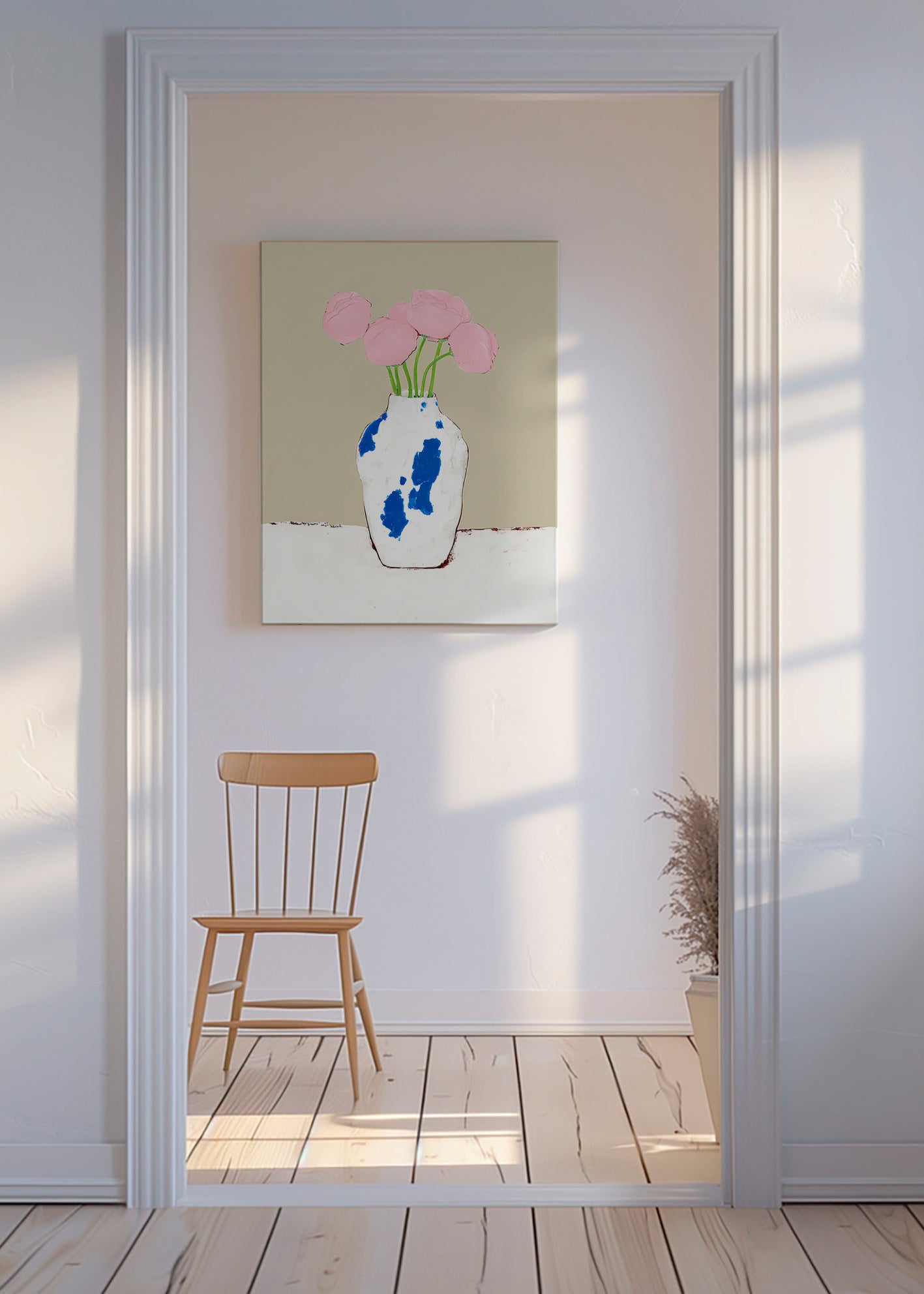 Lámina botánica con peonías en jarrón azul – Canvas