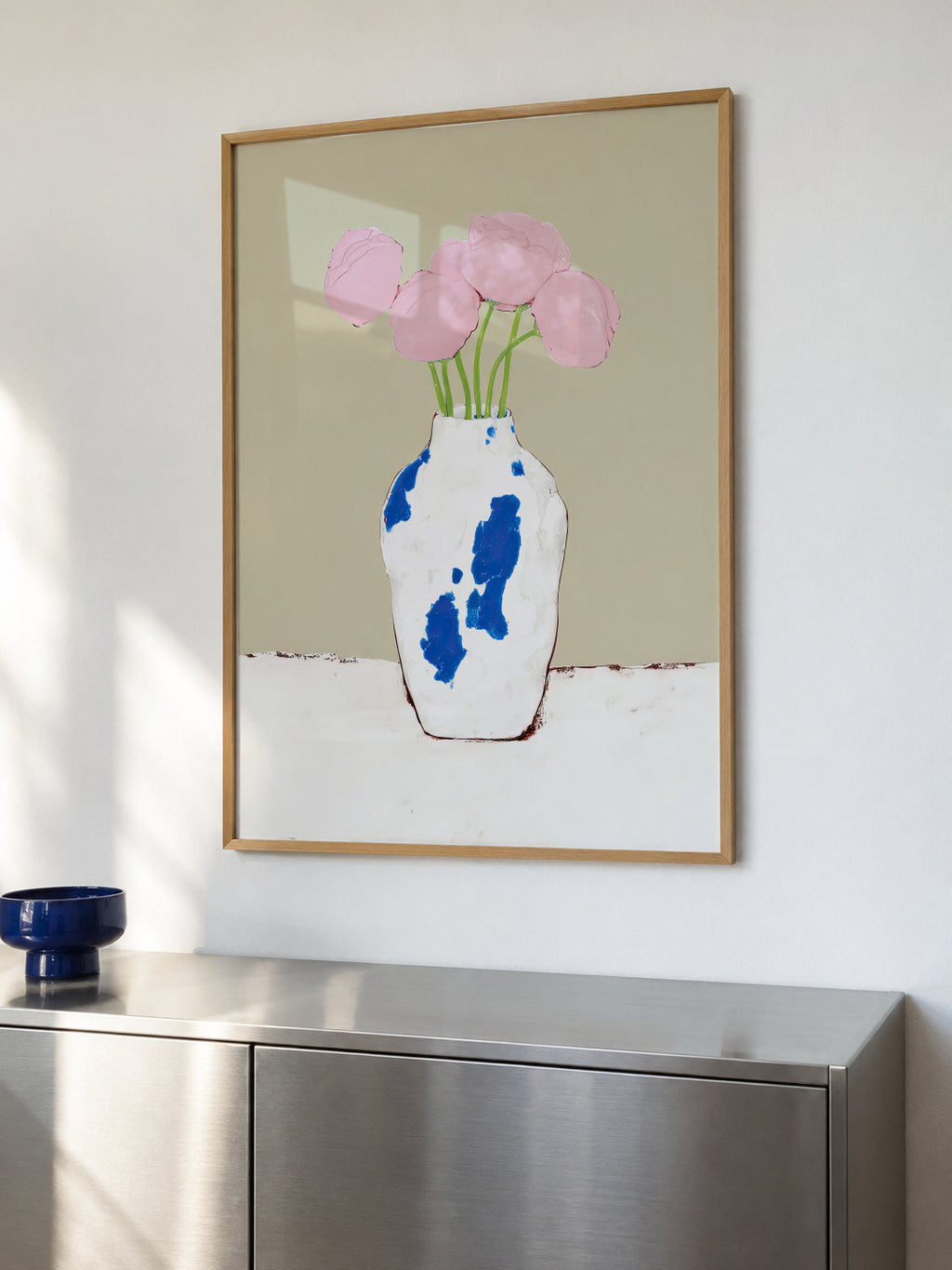 Peonies in Blue Vase - Framed poster in an interior