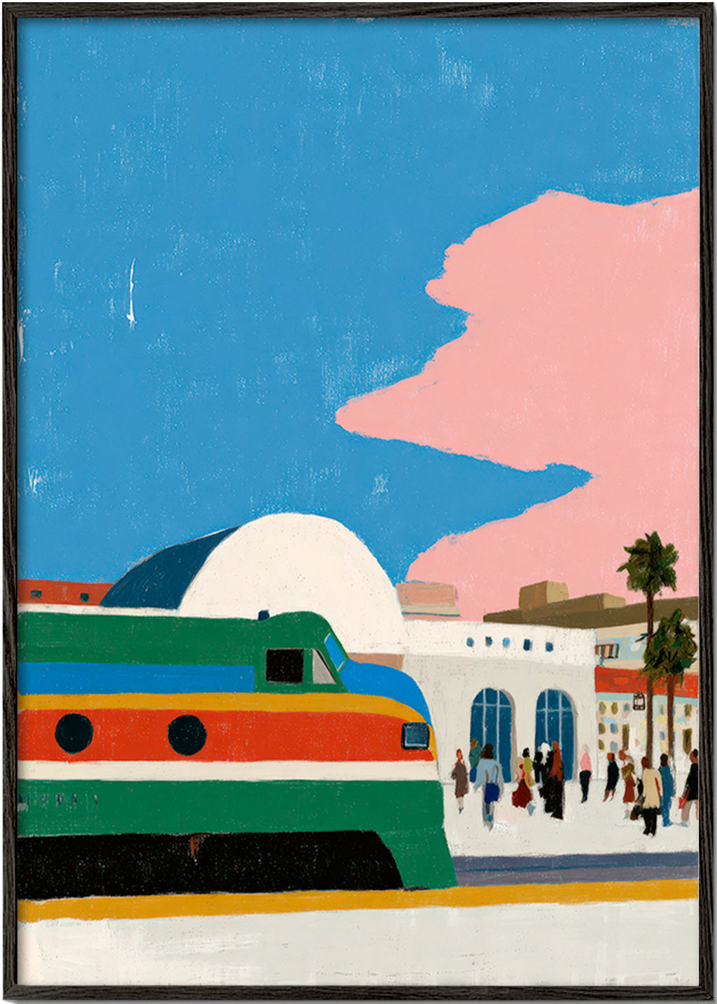 Cuadro de ciudades con tren y andén – Black Frame