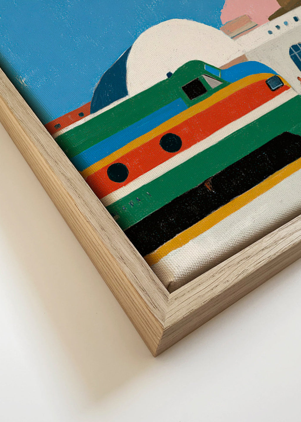 Cuadro de ciudades con tren y andén – Canvas detail