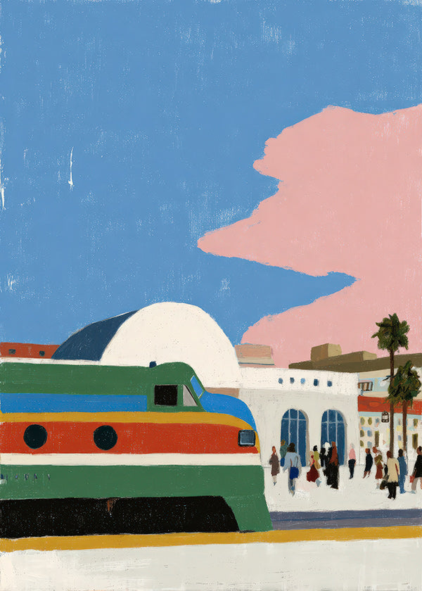 Cuadro de ciudades con tren y andén