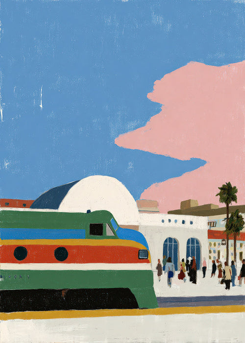Cuadro de ciudades con tren y andén