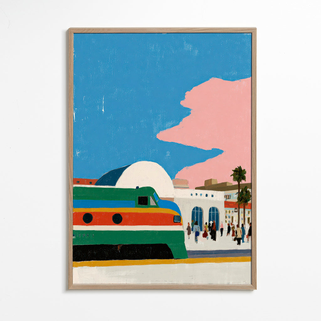 Cuadro de ciudades con tren y andén – Oak Frame