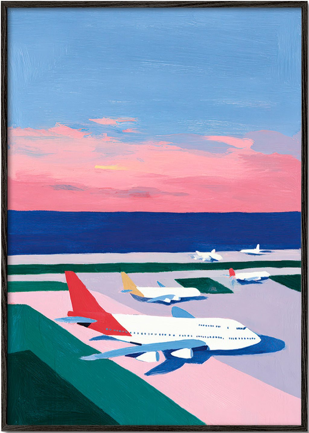 Cuadro de ciudades con aviones al atardecer – Black Frame