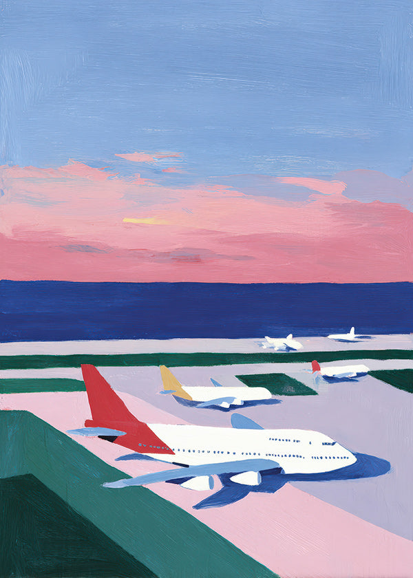 Cuadro de ciudades con aviones al atardecer