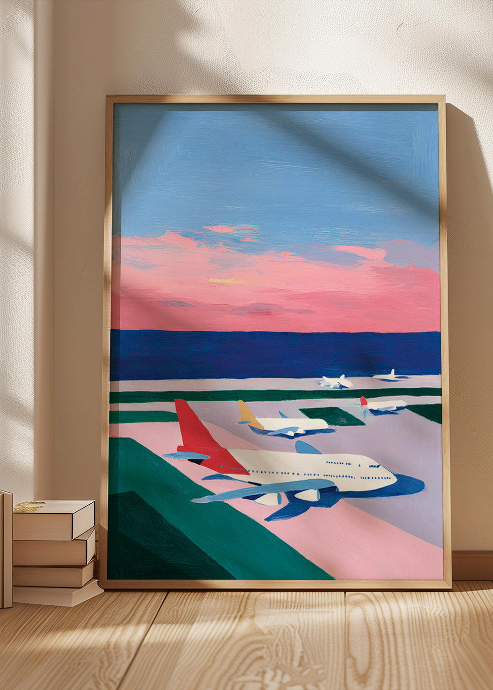 Cuadro de ciudades con aviones al atardecer – Product2