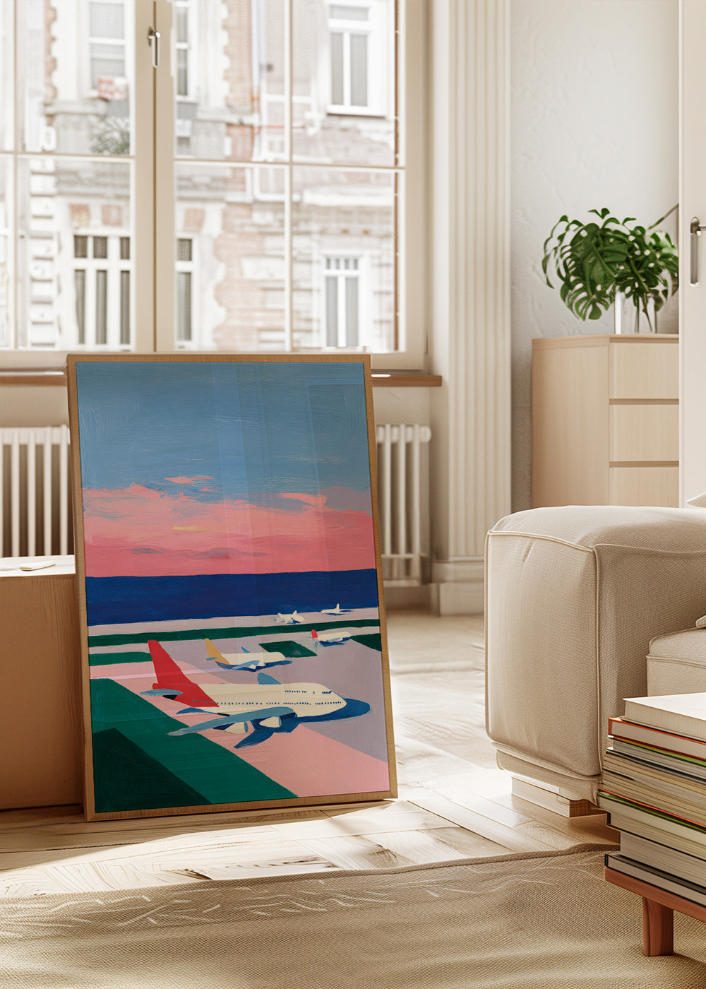 Cuadro de ciudades con aviones al atardecer – Product3
