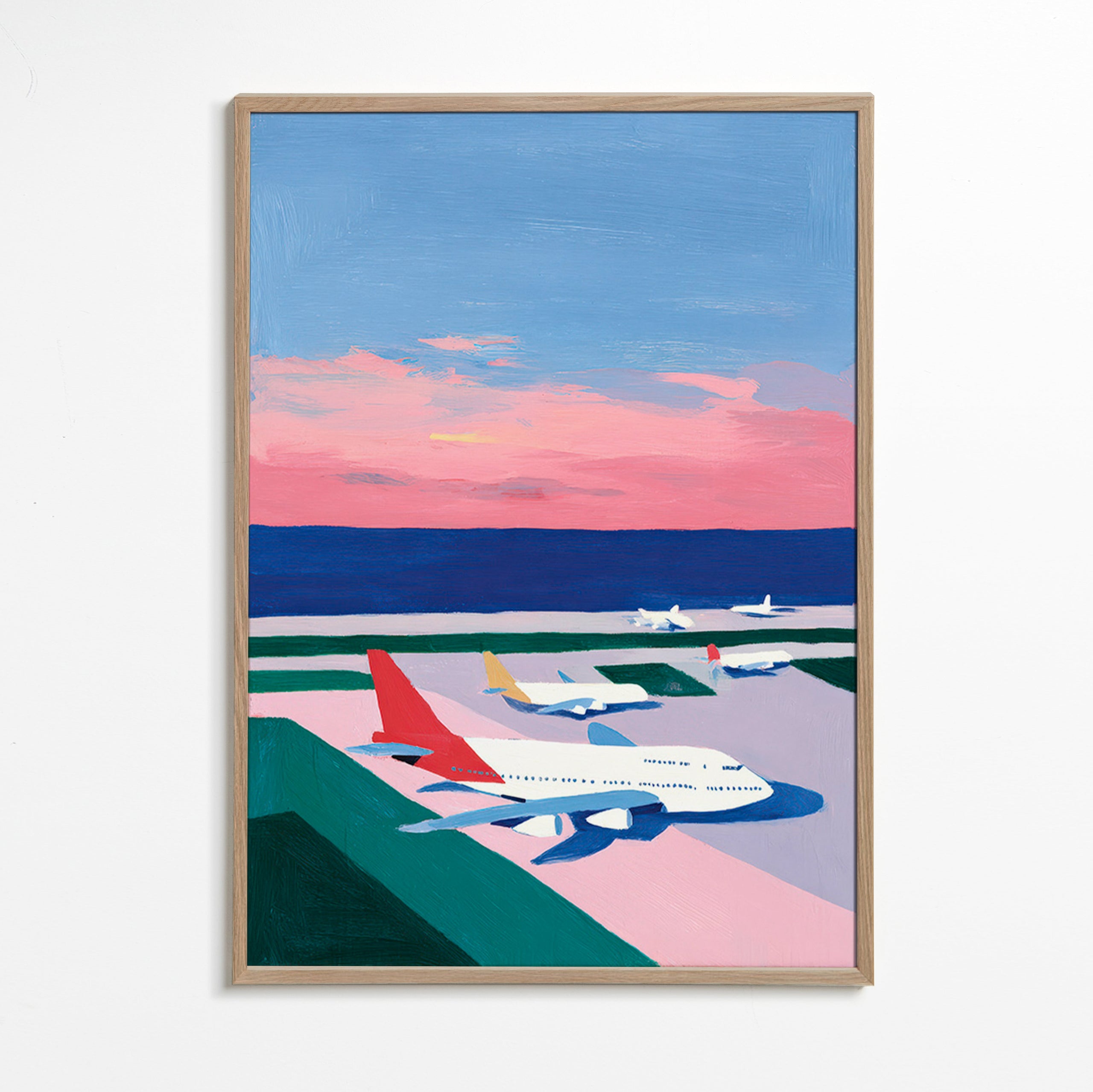 Cuadro de ciudades con aviones al atardecer – Oak Frame