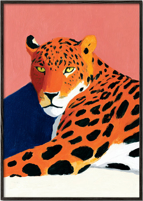 Cuadro leopardo acostado sobre fondo rosa – Black Frame